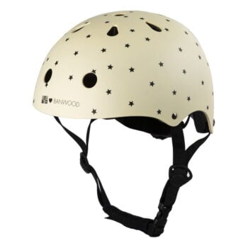 Dziecięcy kask rowerowy kremowy w czarne gwiazdki z regulowanym paskiem. Banwood Dziecięcy kask rowerowy bonton cream