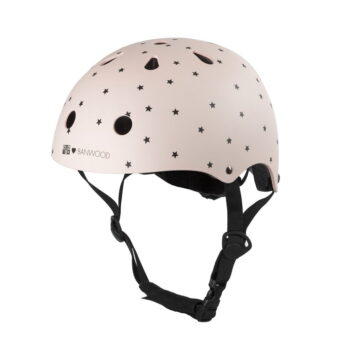 Dziecięcy kask rowerowy jasnoróżowy w czarne gwiazdki z regulowanym paskiem. Banwood Dziecięcy kask rowerowy bonton pink