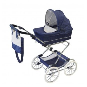 Wózek dla lalek w kolorze granatowym z białymi kołami i torbą dla dziecka. byAstrup Wózek Doll Pram Deluxe Blue