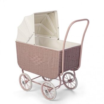 Wózek dla lalek retro z różowym rattanu z kremowym budką dla dziecka. byAstrup Wózek Doll Pram Retro Rattan, Rose