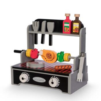 Drewniany zabawkowy grill barbecue z akcesoriami i jedzeniem dla dzieci. Mamamemo Barbecue grill