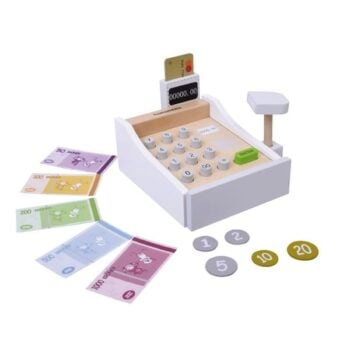 Drewniana kasa sklepowa z przyciskami i kolorowymi banknotami dla dziecka do zabawy w sklepik. Mamamemo Drewniana kasa sklepowa