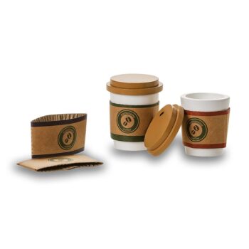 Drewniane kubki do kawy z pokrywkami i papierowymi opaskami dla dzieci. Mamamemo Drewniane kubki Coffee „TO GO”