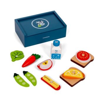 Zestaw drewnianych zabawek jedzenie warzywa owoce i napój dla dziecka lunch box petrol. MamaMemo Lunch box petrol