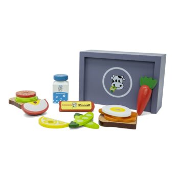 Drewniany zestaw do zabawy jedzenie z warzywami i jajkiem dla dzieci. Mamamemo Lunch box, plum
