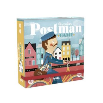 Gra obserwacyjna z ilustracją listonosza na rowerze w miejskim krajobrazie wersja kieszonkowa. Londji Gra obserwacyjna Postman Listonosz wersja kieszonkowa
