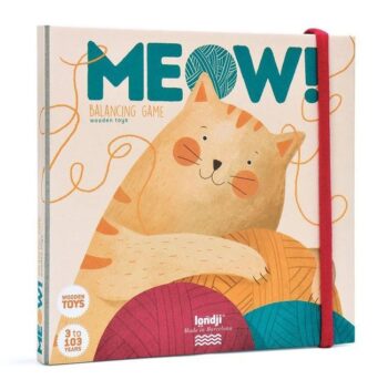 Drewniana zabawka balansująca kotek z motywem wełnianych kłębków dla dzieci od 3 lat. Londji Zabawka balansująca Kotek Meow!