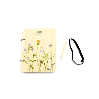 Drewniany dziennik kwiatów z kolorowymi ilustracjami roślin ołówkiem i czarną gumką dla małego odkrywcy. Mamamemo Dziennik kwiatów z ołówkiem