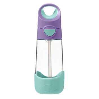 Butelka tritanowa z niebieską osłoną i fioletową nakrętką ze słomką 450 ml dla dziecka. B.box Butelka tritanowa ze słomką 450 ml Lilac Pop