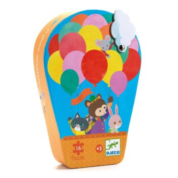 Puzzle tradycyjne 16 elementów kształt balonu z kolorowymi balonami i zwierzętami dla dzieci powyżej 3 lat. Djeco Puzzle LOT BALONEM 16 el