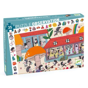 Puzzle z ilustracją szkoły dla jeży z postaciami jeży i dużymi czerwonymi grzybami dla dzieci. Djeco Puzzle obserwacja SZKOŁA DLA JEŻY