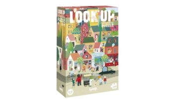 Pudełko z puzzlami i grą obserwacyjną z kolorową ilustracją miasta i postaciami dla dzieci. Londji Puzzle z grą obserwacyjną Look Up!