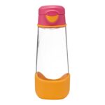 Przezroczysta sportowa butelka tritanowa 600 ml z różową zakrętką i pomarańczową osłoną na dno. B.box Sportowa butelka tritanowa 600 ml, Strawberry Shake