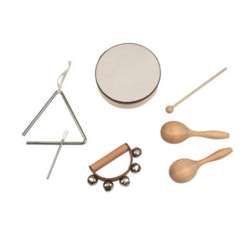 Zestaw drewnianych i metalowych instrumentów muzycznych dla dzieci tamburyn trójkąt marakasy drewniane pałeczki. Egmont Toys Zestaw instrumentów muzycznych