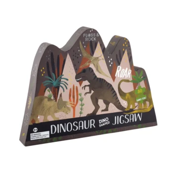 Puzzle tradycyjne 80 elementów w kształcie dinozaura z kolorowymi ilustracjami dinozaurów dla dzieci. Floss&Rock Dinozaury puzzle 80 elementów