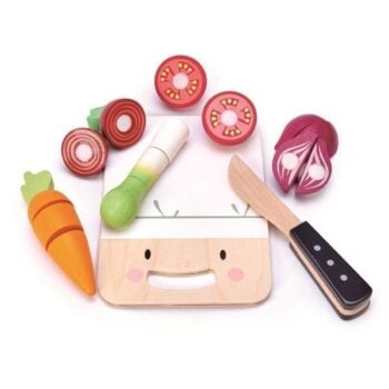 Drewniana deska do krojenia z warzywami marchewka cebula pomidor por i drewniany nóż dla dziecka. Tender Leaf Toys Drewniana deska z warzywami do krojenia, Mini Chef