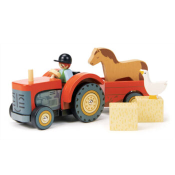 Drewniany czerwony traktor z przyczepą z koniem i kaczką oraz dwoma kostkami siana dla dziecka. Tender Leaf Toys Drewniany traktor z przyczepą i akcesoriami