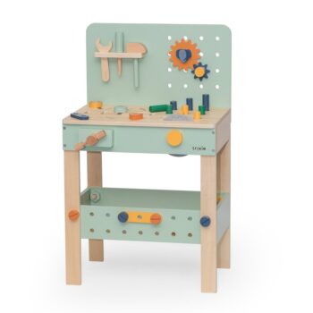 Drewniany warsztat majsterkowicza dla dziecka z narzędziami i elementami do zabawy w majsterkowanie w pastelowych kolorach. Trixie Baby Zwierzęta drewniany warsztat majsterkowicza