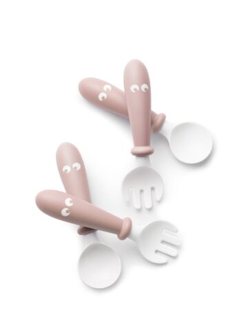 Zestaw 4 sztućców dla dziecka różowe rączki z oczami łyżka i widelec z tworzywa sztucznego. BABYBJORN sztućce, 4 szt. Powder Pink
