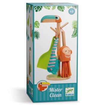 Drewniany zestaw do sprzątania z miotłą, szufelką i ściereczką dla dzieci w opakowaniu z motywem zwierząt. Djeco Drewniany Zest. do Sprzątania MISTER CLEAN