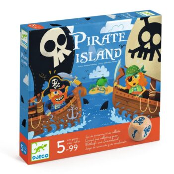 Gra planszowa Wyspa Piratów z kolorową ilustracją statków pirackich i kostką dla dzieci powyżej 5 lat. Djeco Gra planszowa WYSPA PIRATÓW