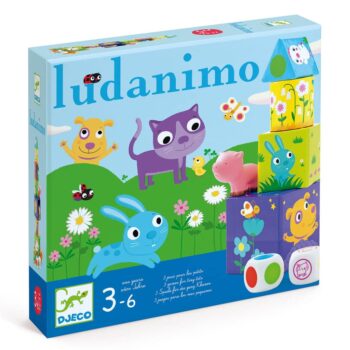 Zestaw trzech edukacyjnych gier dla dzieci z kolorowymi zwierzętami i kostką do gry dla wieku 3 do 6 lat. Djeco Ludanimo zestaw 3 gier dla dzieci