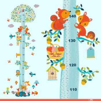 Naklejka miarka wzrostu z kolorowymi zwierzętami leśnymi i drzewem dla dzieci. Djeco Naklejka Miarka Wzrostu PRZYJACIELE z LASU DD4039