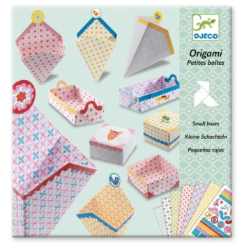 Zestaw kolorowych papierowych pudełeczek do składania origami z różnymi wzorami dla dzieci. Djeco Origami PUDEŁECZKA