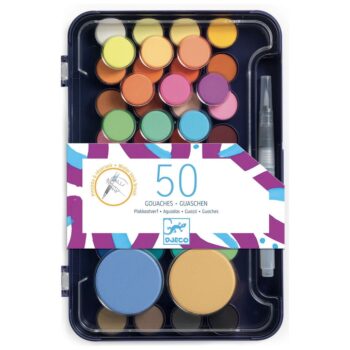 Paleta farb gwaszowych 53 kolory z pędzelkiem dla dzieci. Djeco Paleta artysty farby gwaszowe 53 kolory