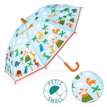 Przezroczysty parasol przeciwdeszczowy dla dziecka z kolorowymi dinozaurami i palmami na niebieskim tle z pomarańczowym uchwytem. Djeco Parasol przeciwdeszczowy Dinozaury