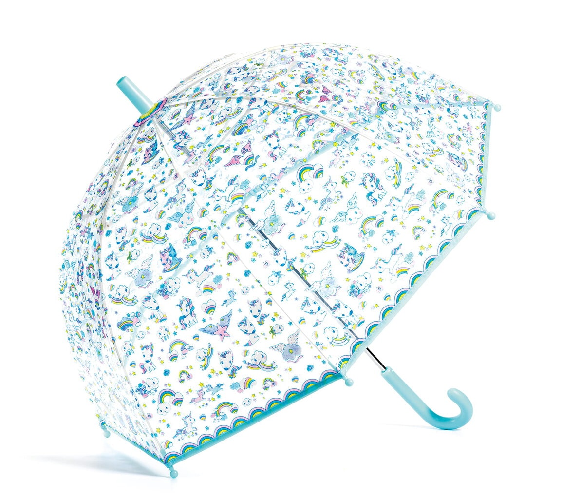 Przezroczysty parasol przeciwdeszczowy z niebieskim uchwytem i wzorem jednorożców dla dziecka. Djeco Parasol przeciwdeszczowy Jednorożce