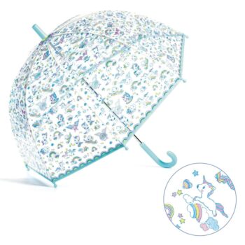 Przezroczysty parasol przeciwdeszczowy z kolorowymi wzorami jednorożców dla dziecka. Djeco Parasol przeciwdeszczowy Jednorożce