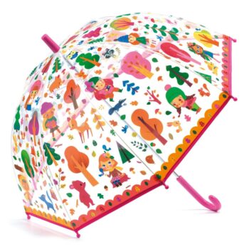 Przezroczysty parasol przeciwdeszczowy dla dziecka z kolorowymi postaciami i drzewami wzór lasu różowa rączka i wykończenie. Djeco Parasol Przeciwdeszczowy LAS
