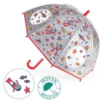 Przezroczysty parasol przeciwdeszczowy z kolorowymi wzorami łodzi podwodnej dla dziecka czerwony uchwyt. Djeco Parasol przeciwdeszczowy Łódź Podwodna