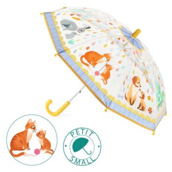Przezroczysty parasol przeciwdeszczowy z kolorowymi zwierzętami dla dziecka i mamy z żółtym uchwytem. Djeco Parasol przeciwdeszczowy Mama i Dziecko