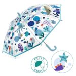 Przezroczysty parasol przeciwdeszczowy z niebieskim uchwytem i wzorem morskich zwierząt dla dziecka. Djeco Parasol przeciwdeszczowy Morze
