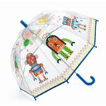 Przezroczysty parasol przeciwdeszczowy z kolorowymi wzorami robotów dla dzieci. Djeco Parasol Przeciwdeszczowy ROBOTY