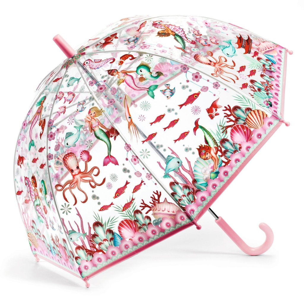 Przezroczysty parasol przeciwdeszczowy z różowym uchwytem i wzorem syren dla dziecka. Djeco Parasol przeciwdeszczowy Syreny