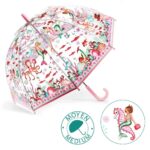 Przezroczysty parasol przeciwdeszczowy z różowym uchwytem i wzorem syrenek dla dziecka. Djeco Parasol przeciwdeszczowy Syreny