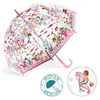 Przezroczysty parasol przeciwdeszczowy z różowym uchwytem i wzorem syrenek dla dziecka. Djeco Parasol przeciwdeszczowy Syreny