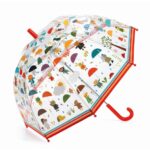 Przezroczysty parasol przeciwdeszczowy z kolorowymi postaciami dzieci i parasolkami dla dziecka. Djeco Parasol Przeciwdeszczowy w DESZCZU
