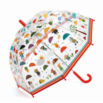 Przezroczysty parasol przeciwdeszczowy z kolorowymi postaciami dzieci i parasolkami dla dziecka. Djeco Parasol Przeciwdeszczowy w DESZCZU