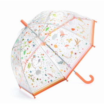 Przezroczysta parasolka przeciwdeszczowa z kolorowym wzorem wiosennych kwiatów i zwierząt dla dziecka. Djeco Parasol przeciwdeszczowy Wiosna