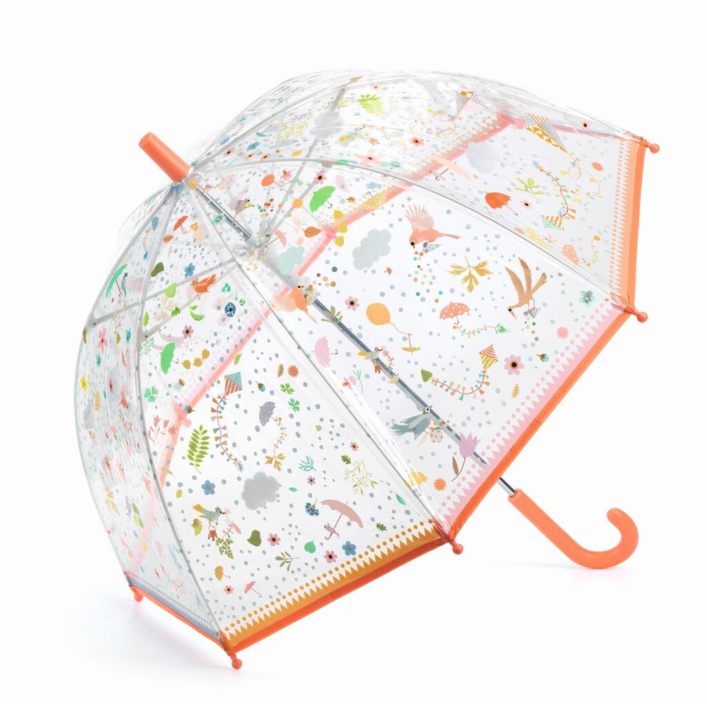 Przezroczysta parasolka przeciwdeszczowa z kolorowym wzorem wiosennych kwiatów i zwierząt dla dziecka. Djeco Parasol przeciwdeszczowy Wiosna