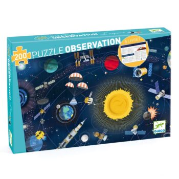 Puzzle tradycyjne 200 elementów z motywem kosmosu i książeczką dla dzieci. Djeco Puzzle KOSMOS 200 el. z książeczką