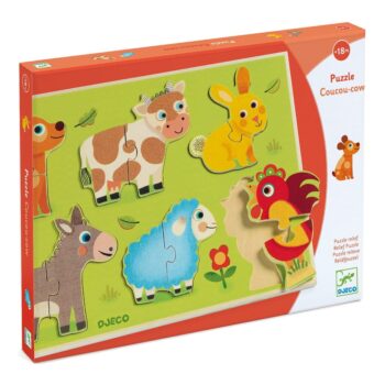Drewniane puzzle z motywem zwierząt z łąki dla dzieci powyżej 18 miesięcy. Djeco Puzzle Drewniane ZWIERZĘTA z ŁĄKI 18 m-cy+