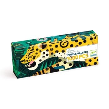 Pudełko puzzli z obrazem lamparta na zielonym tle 1000 elementów dla dorosłych. Djeco Puzzle gallery LEOPARD 1000 elem