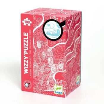 Pudełko z puzzlami tradycyjnymi czerwone z ilustracją zaczarowanego drzewa dla dzieci powyżej 5 lat. Djeco Puzzle Kart. WIZZY’ „ZACZAROWANE DRZEWO” +5 lat