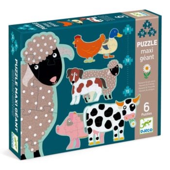 Puzzle progresywne z obrazkami zwierząt gospodarskich owca krowa świnia pies kaczka dla dzieci. Djeco Puzzle kart. gigant „HONORE I PRZYJACIELE”