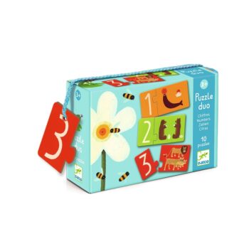 Pudełko z puzzlami do łączenia liczb i liter dla dzieci powyżej 3 lat z kolorowymi ilustracjami zwierząt i cyfr. Djeco Puzzle łączenie Liczb I Liter +3 lat